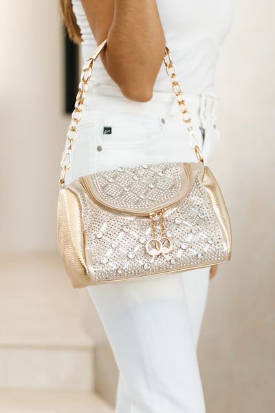 Front Flap Double Zipper Cross Hatch Rhinestone Purse