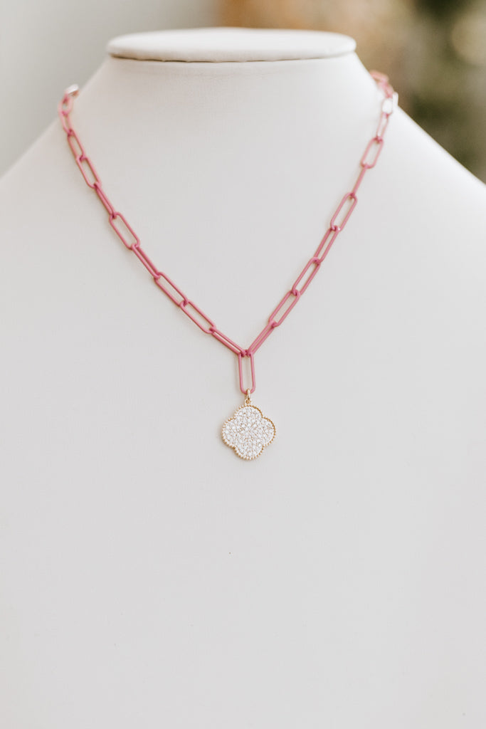 Linked Chain Rhinestone Clover Necklace