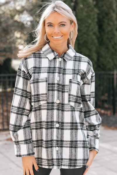 Rhinestone Trim Plaid Shacket