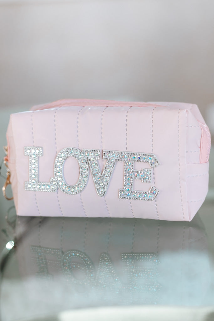 "LOVE" Rhinestone Quilted Makeup Bag