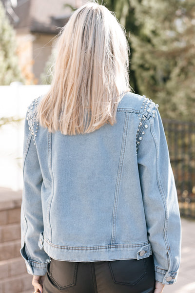 Rhinestone Studded Shoulder Denim Jacket