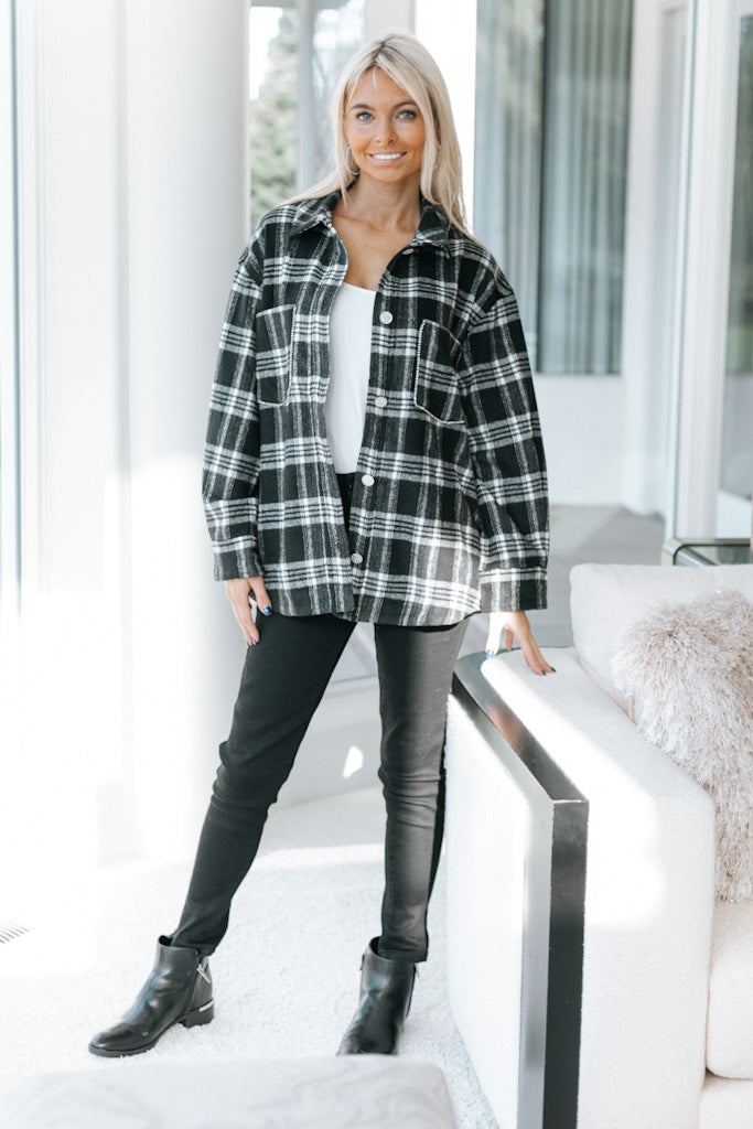 Rhinestone Trim Plaid Shacket