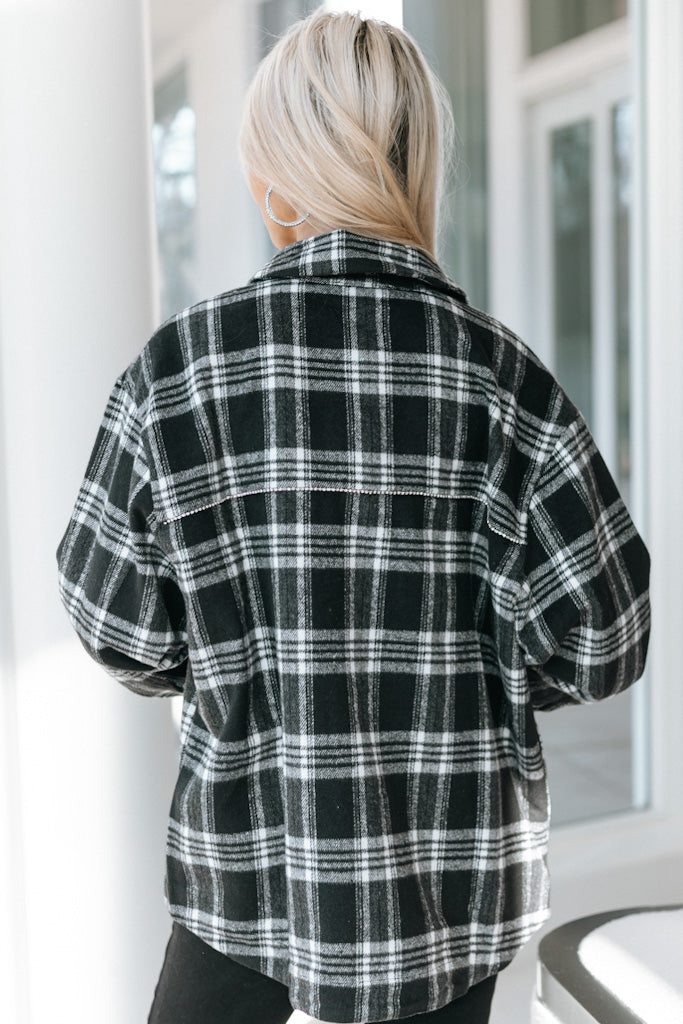 Rhinestone Trim Plaid Shacket