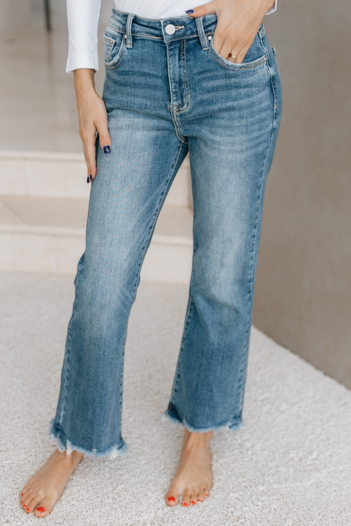 High Rise Crop Flare Fray Jeans