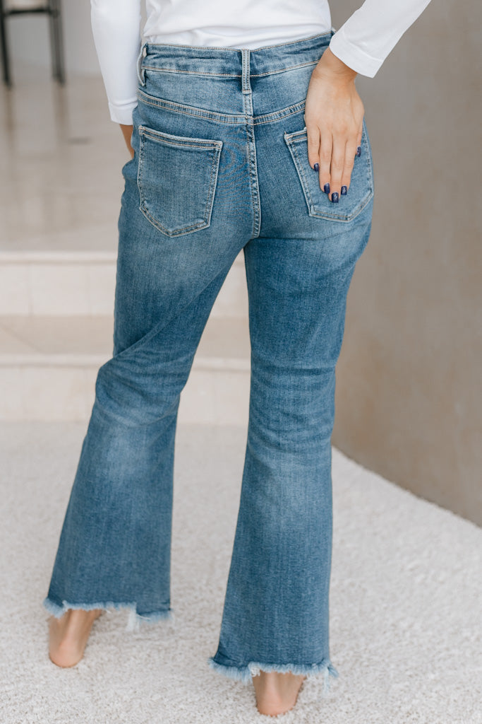 High Rise Crop Flare Fray Jeans