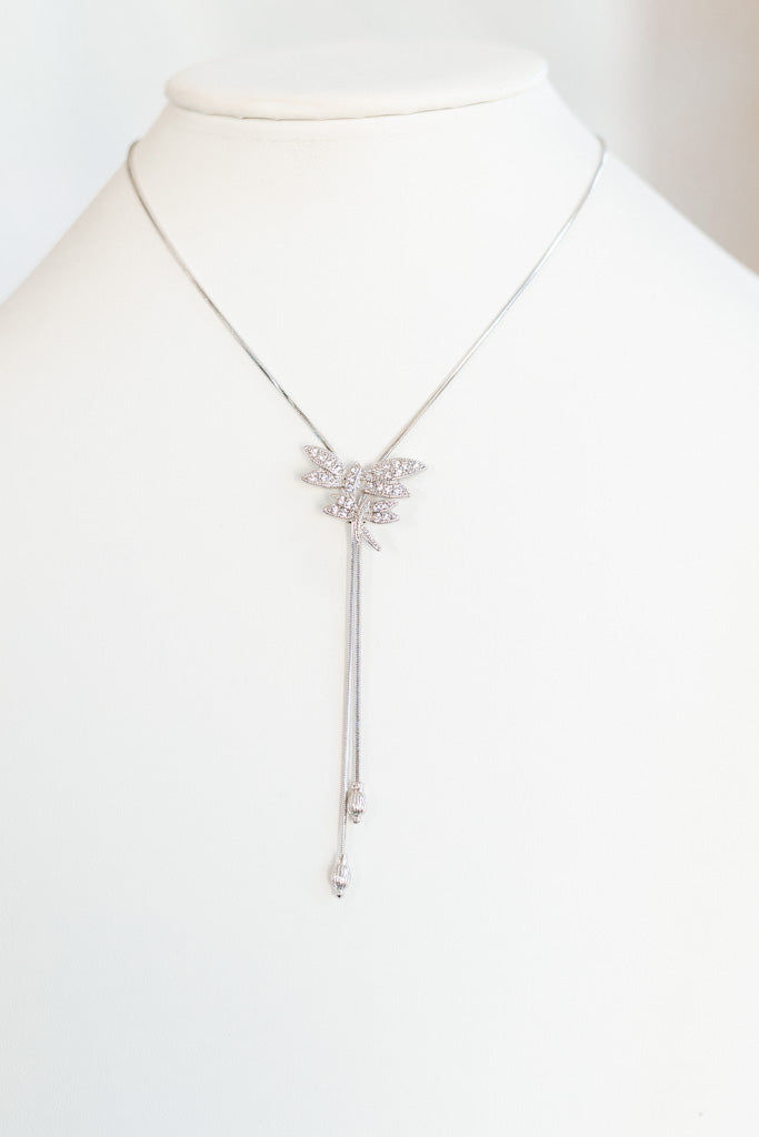 Short Double Rhinestone Dragonfly Lariat Necklace