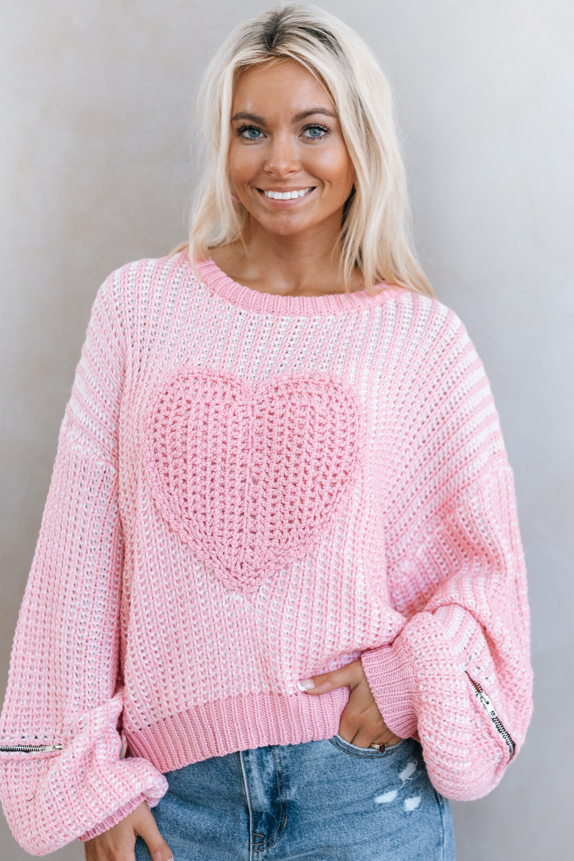 Crochet Heart Sweater with Zipper Detail