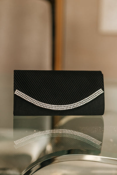 Diagonal Pleated Front Rhinestone Clutch