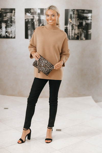 Button Accent Cuffed Sleeve Sweater