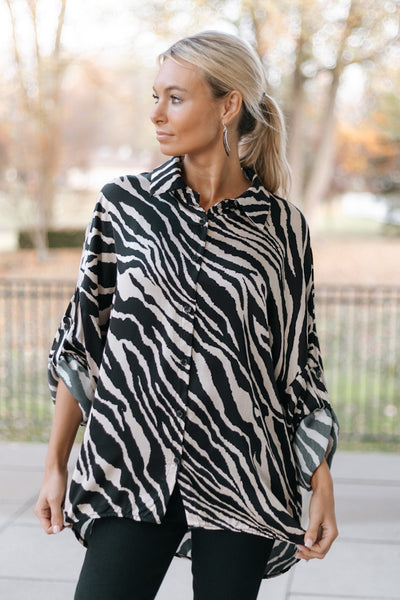 Rolled Up Sleeve Tiger Satin Italian Top