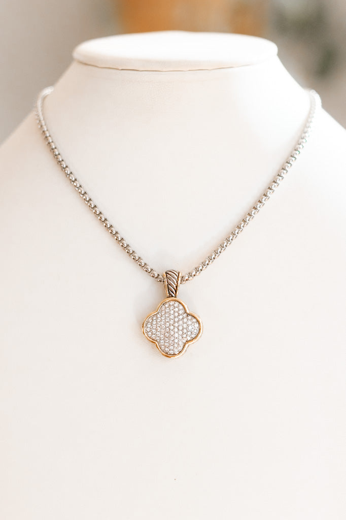 Two Tone Clover Pave Pendant Necklace