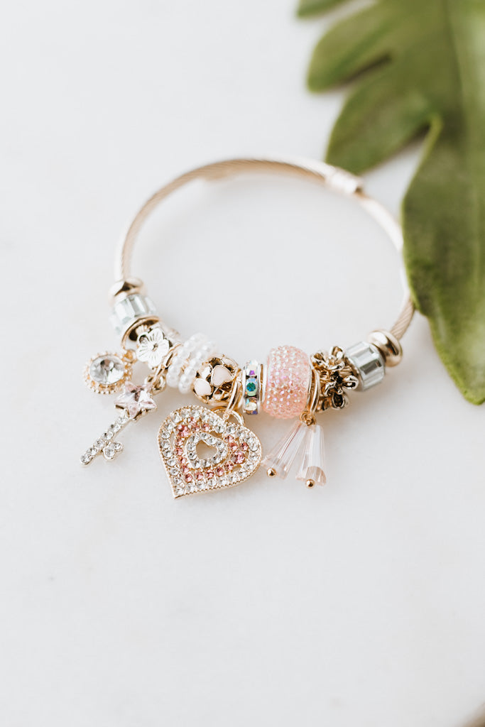 Rhinestone Heart Bangle Charm Bracelet