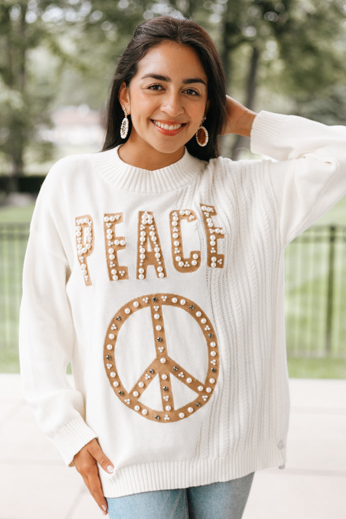 Pearl & Rhinestone Peace Sign Sweater