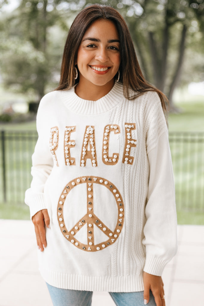 Pearl &amp; Rhinestone Peace Sign Sweater