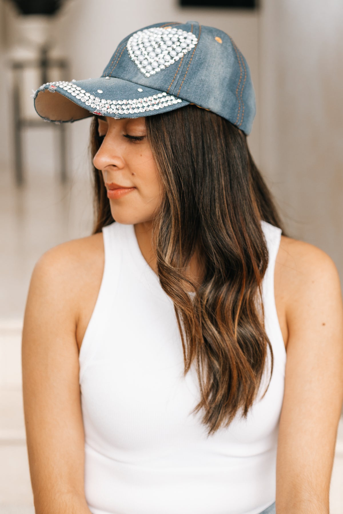 Distressed Pearl &amp; Stone Heart Side Baseball Hat