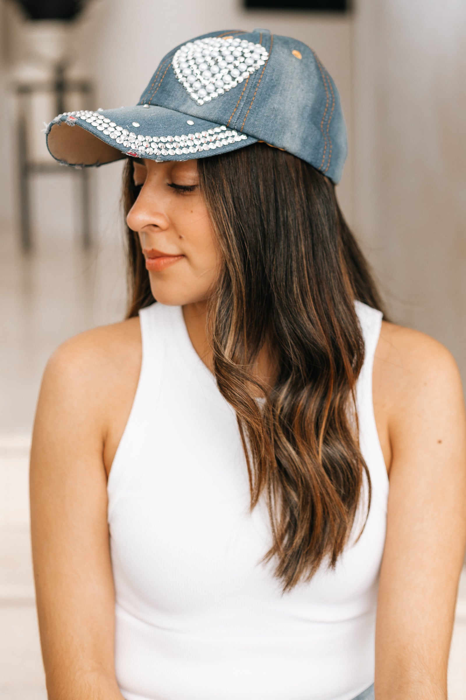 Distressed Pearl & Stone Heart Side Baseball Hat