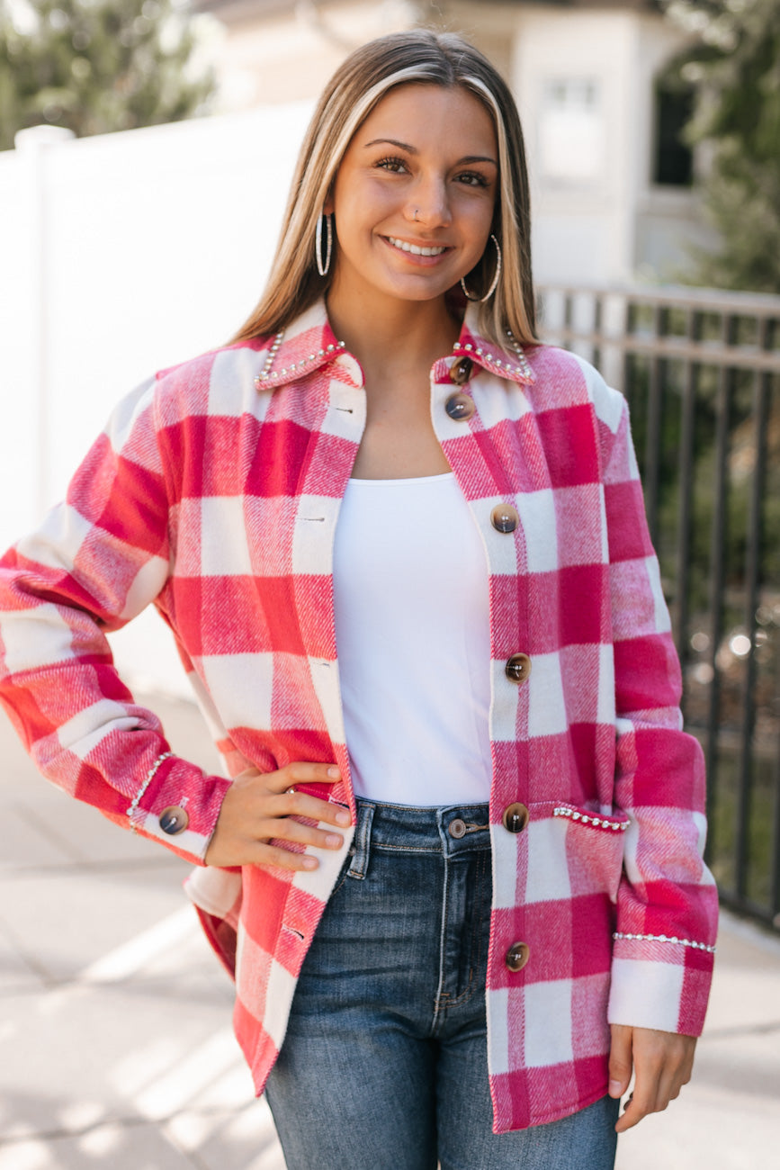 Flannel Button Up Shacket with Rhinestone Details