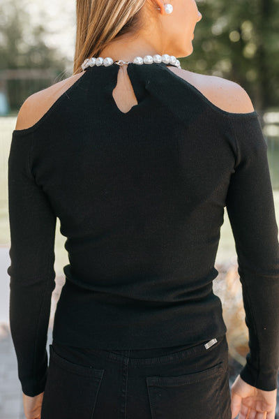 Cold Shoulder Sweater with Pearl Neck