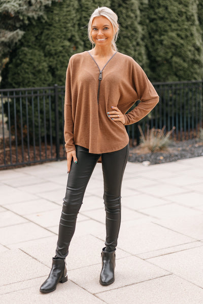 Soft Knit Front Zipper Long Sleeve Top