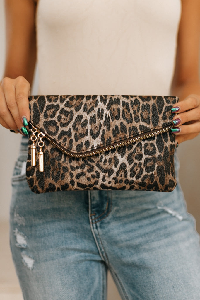 Leopard Front Flap Zipper Wristlet Purse