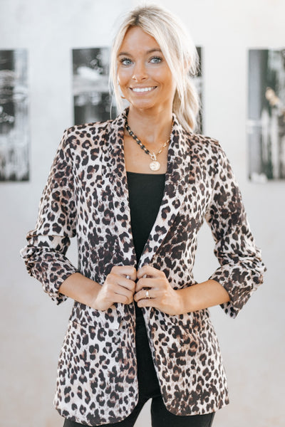 Ruched Sleeve Cheetah Print  Italian Blazer