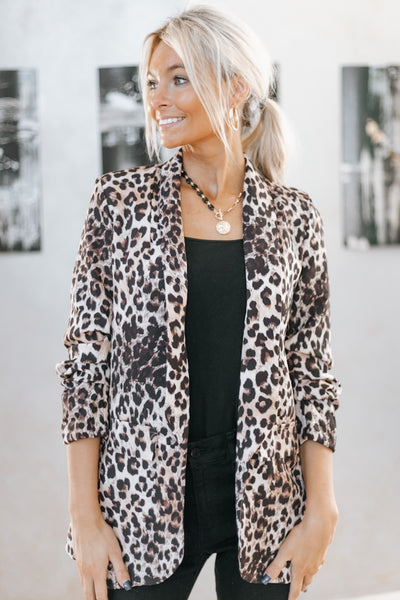 Ruched Sleeve Cheetah Print  Italian Blazer