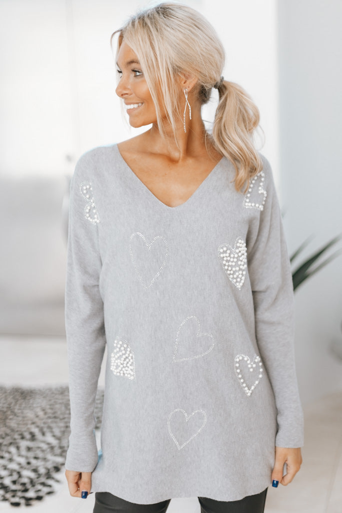 Rhinestone &amp; Pearl Heart Sweater