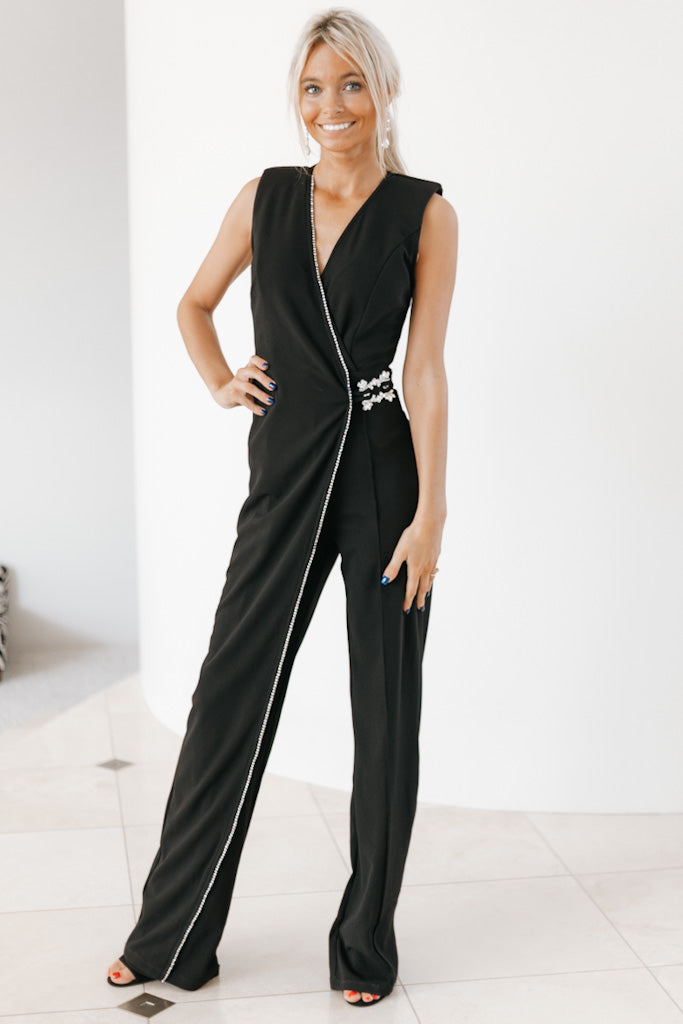 Crossover Rhinestone Trim Jumpsuit