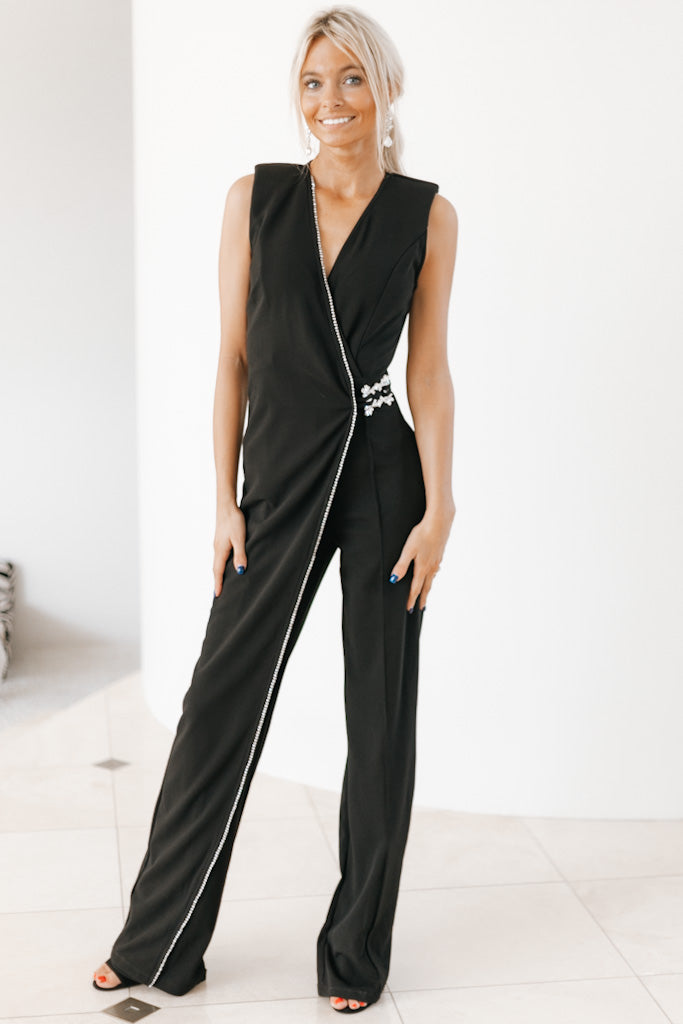 Crossover Rhinestone Trim Jumpsuit