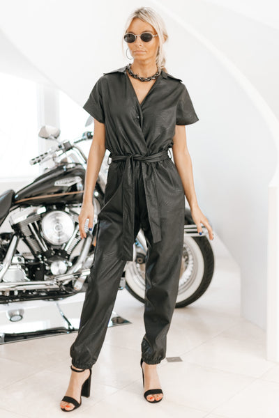 Faux Leather Collared Tie Waist Italian Jumpsuit