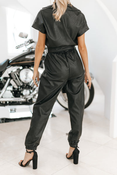 Faux Leather Collared Tie Waist Italian Jumpsuit