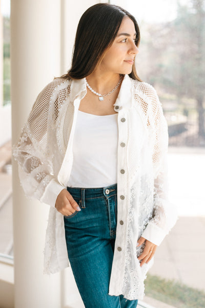 Button Up Eyelet Top with Pearls