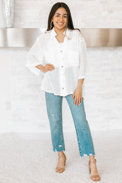 Lace Button Up Double Pocket Top
