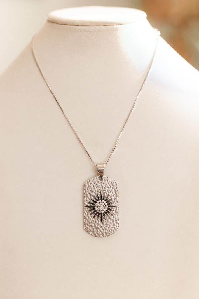 Sun Middle Textured Metal Dog Tag Necklace