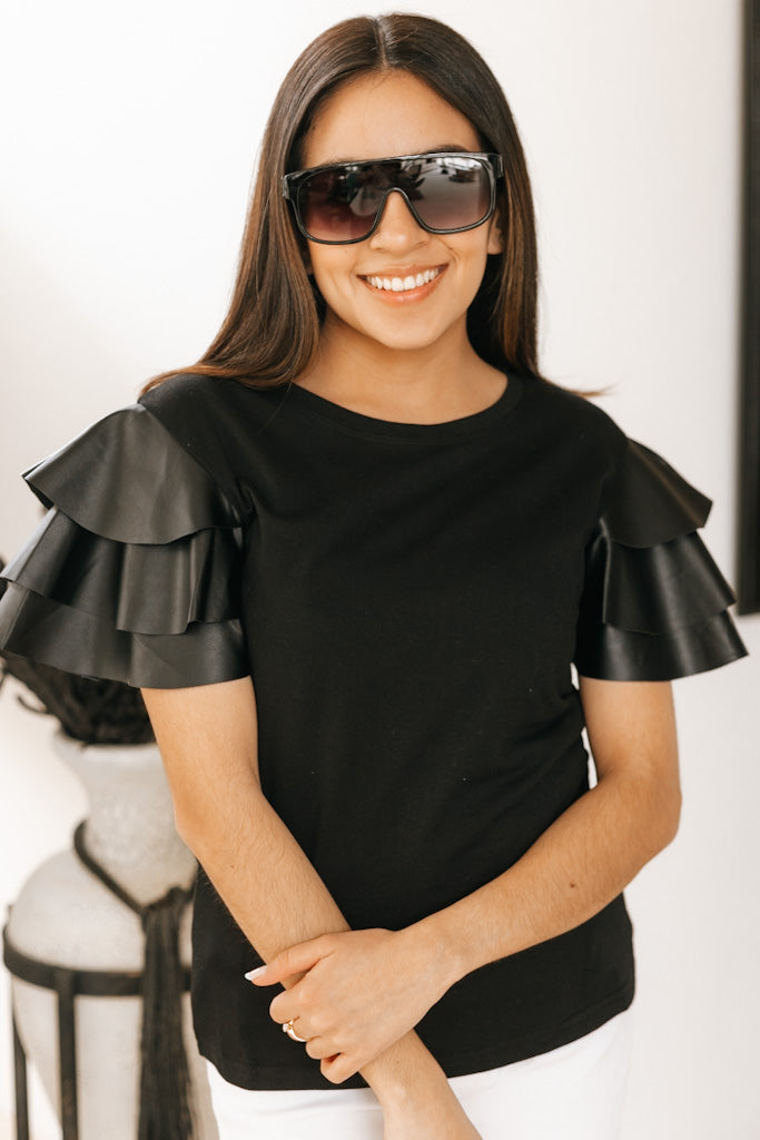 Ruffled Faux Leather SLeeve Top