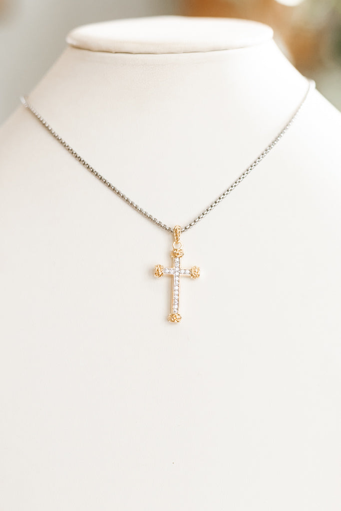 Two Tone Rhinestone Middle Cross Necklace