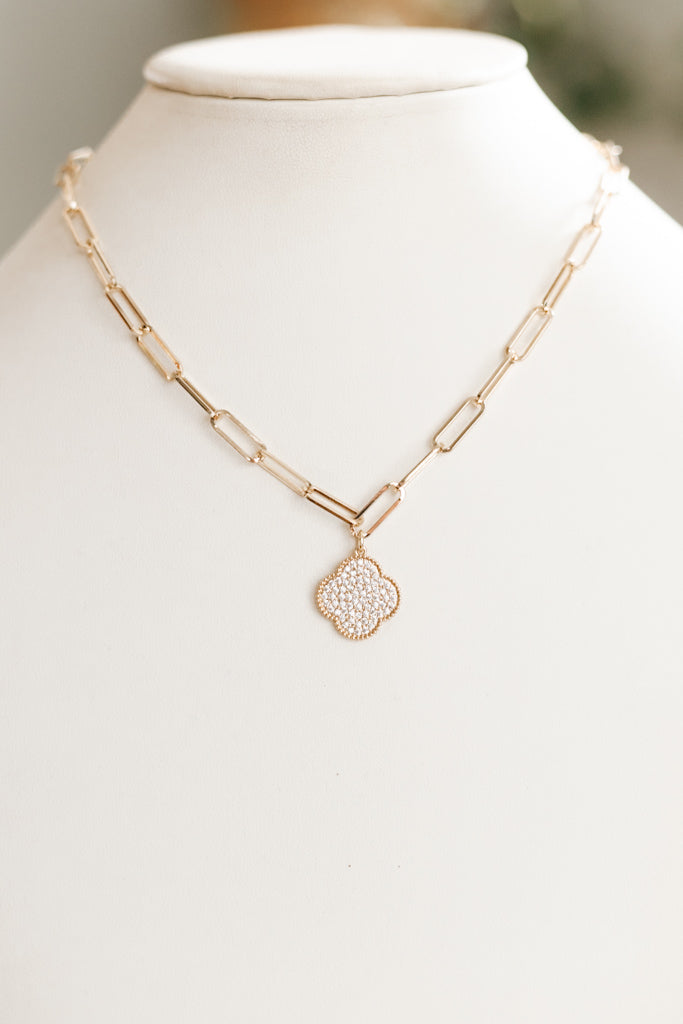 Long Link Chain Pave Clover Pendant Necklace