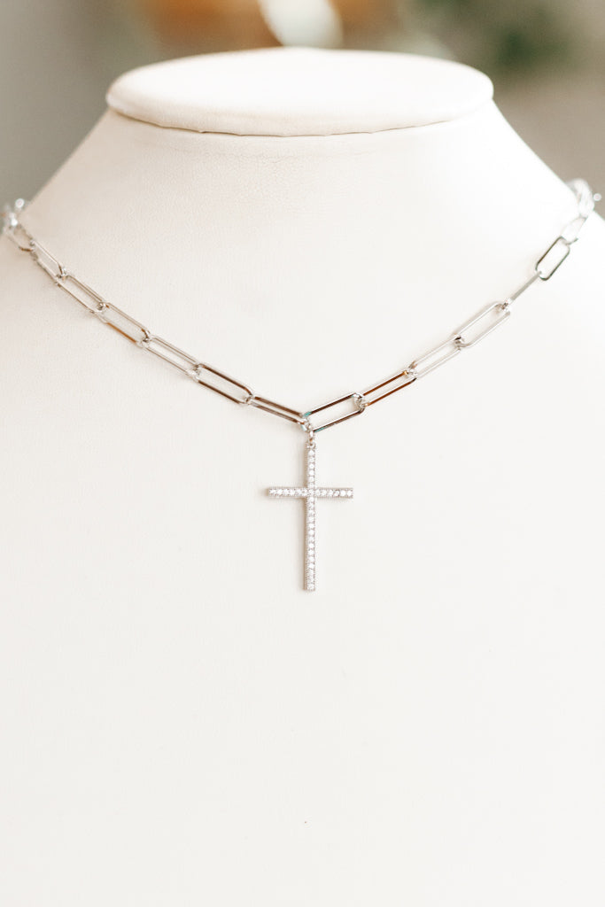 Long Link One Row Pave Cross Necklace