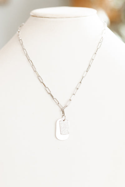 Metal & Pave Overlap Small Dog Tag Necklace