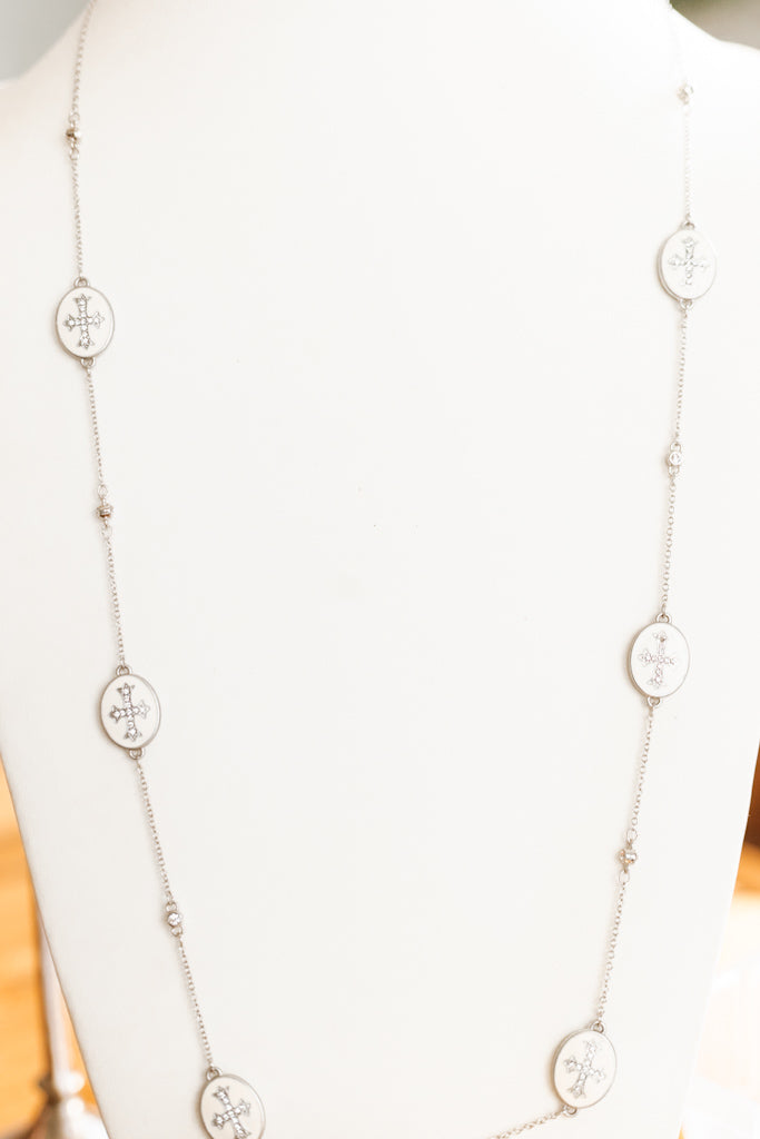 Oval Cross Middle & Spaced Stone Chain Necklace