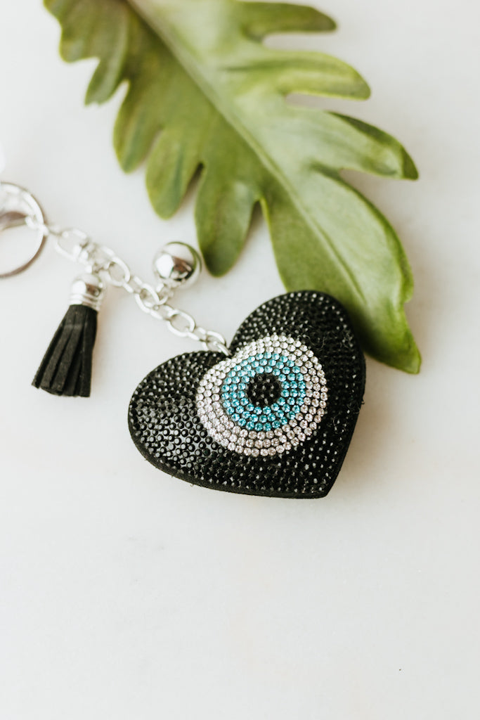 Puffy Heart Evil Eye &amp; Tassel Keychain