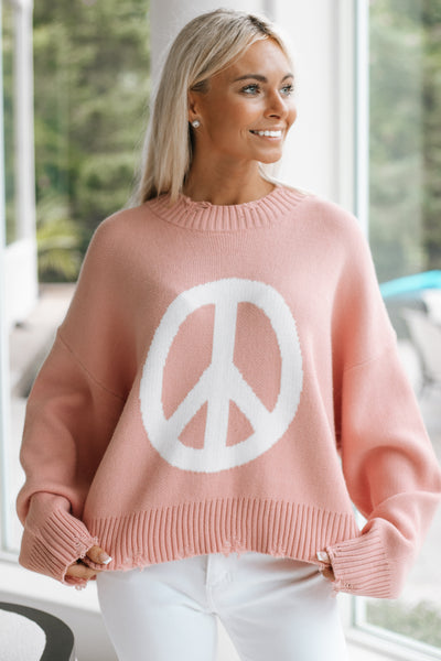 Round Neck Peace Sign Distressed Sweater