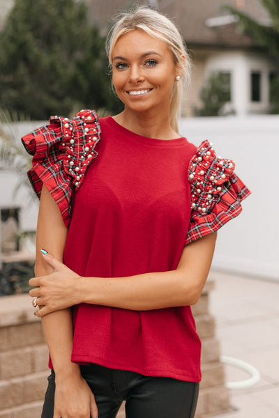 Plaid Top With Ruffle & Pearl Sleeve