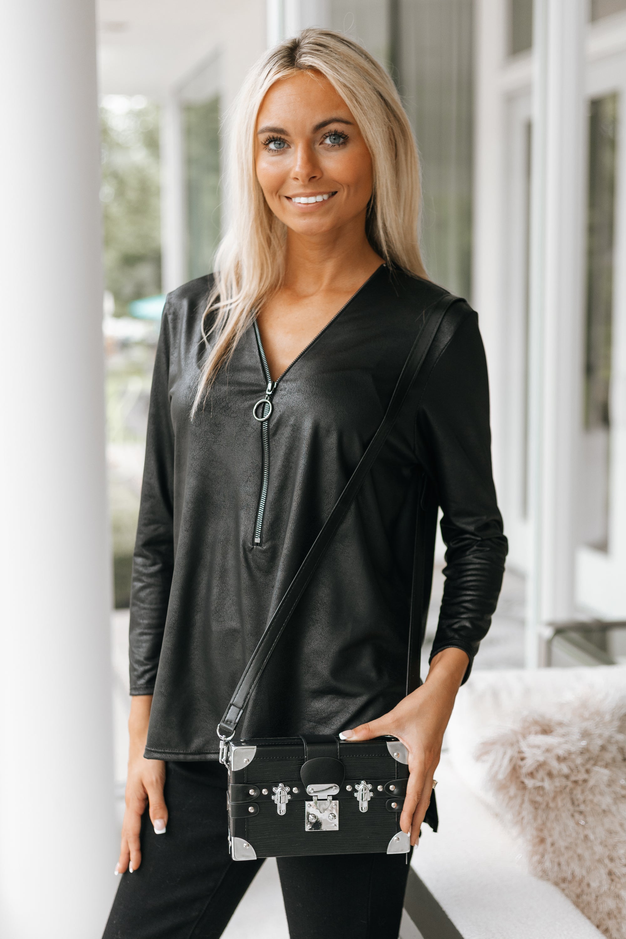 Faux Leather High Low Zip Top