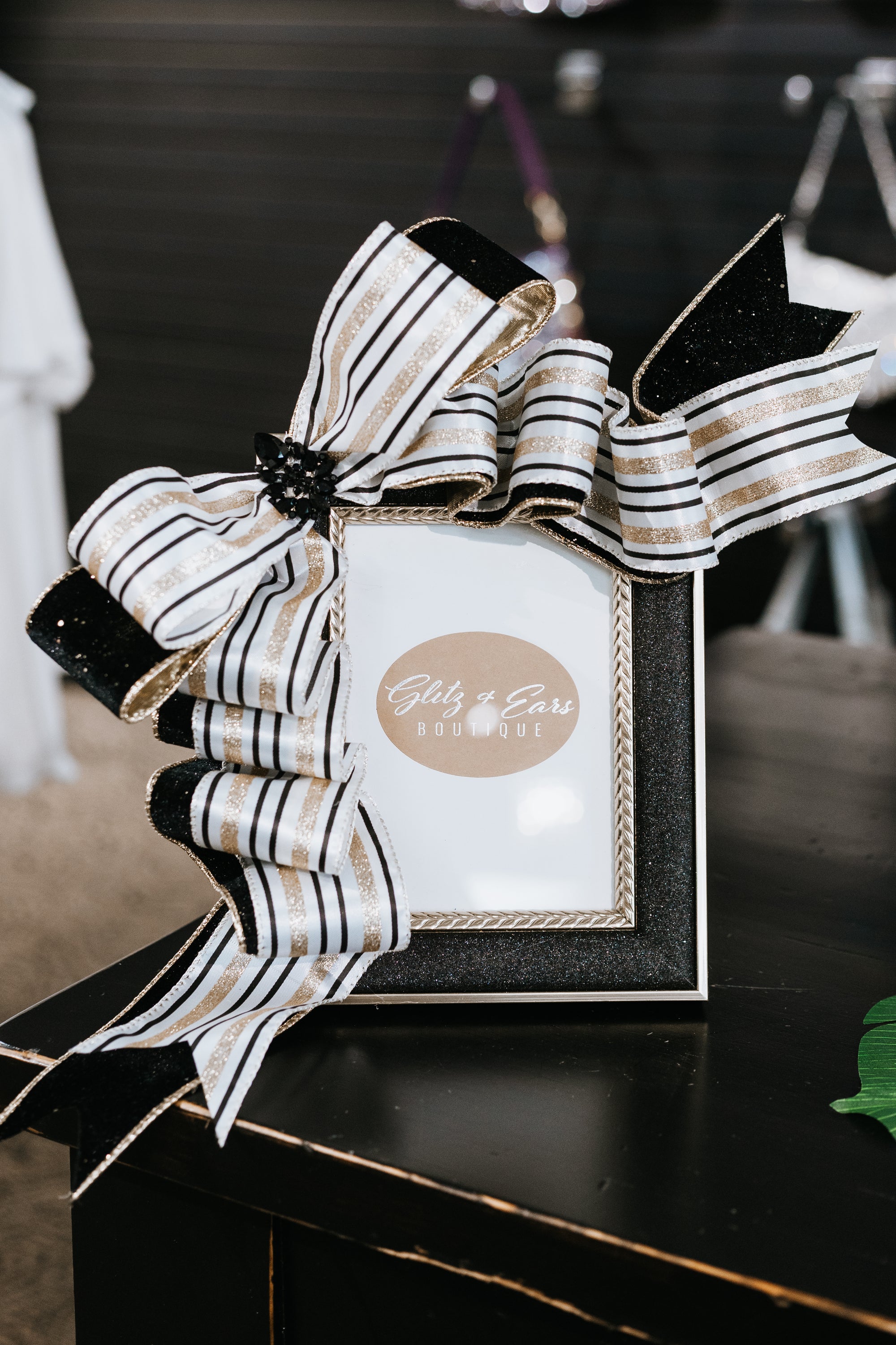 Black Brooch with Stripped Ribbon Picture Frame