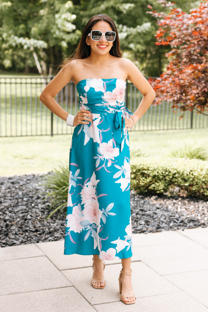 Strapless Floral Print With Belt Dress (SALE)