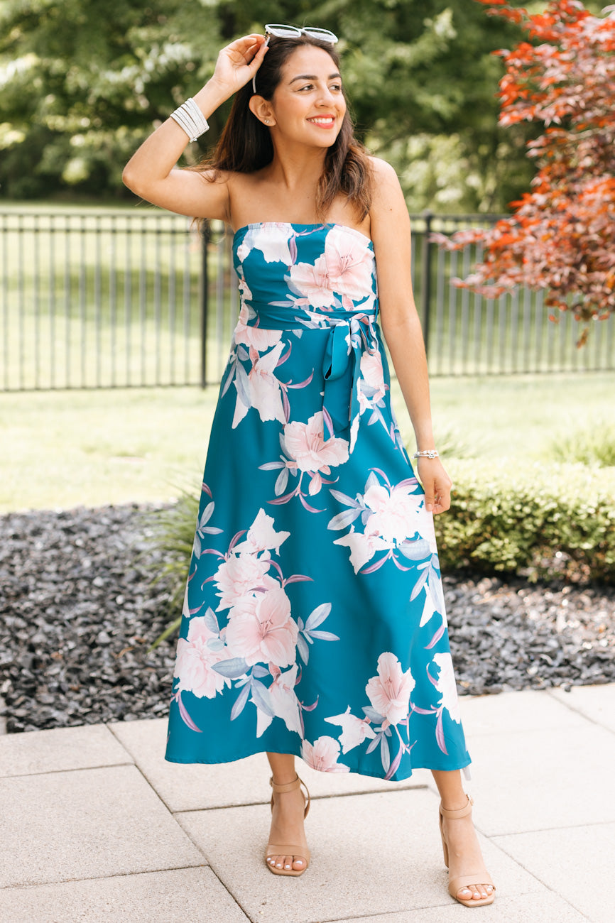 Strapless Floral Print With Belt Dress (SALE)