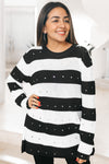 Striped Rhinestone Mesh Sweater