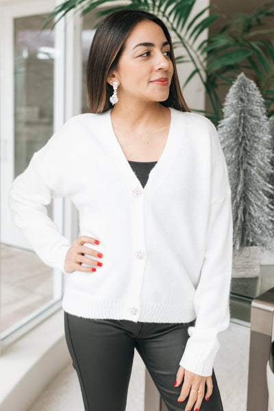 V-Neck Cardigan with Rhinestone Buttons