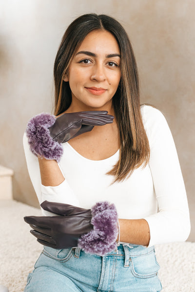Faux Leather Gloves with Fur Trim